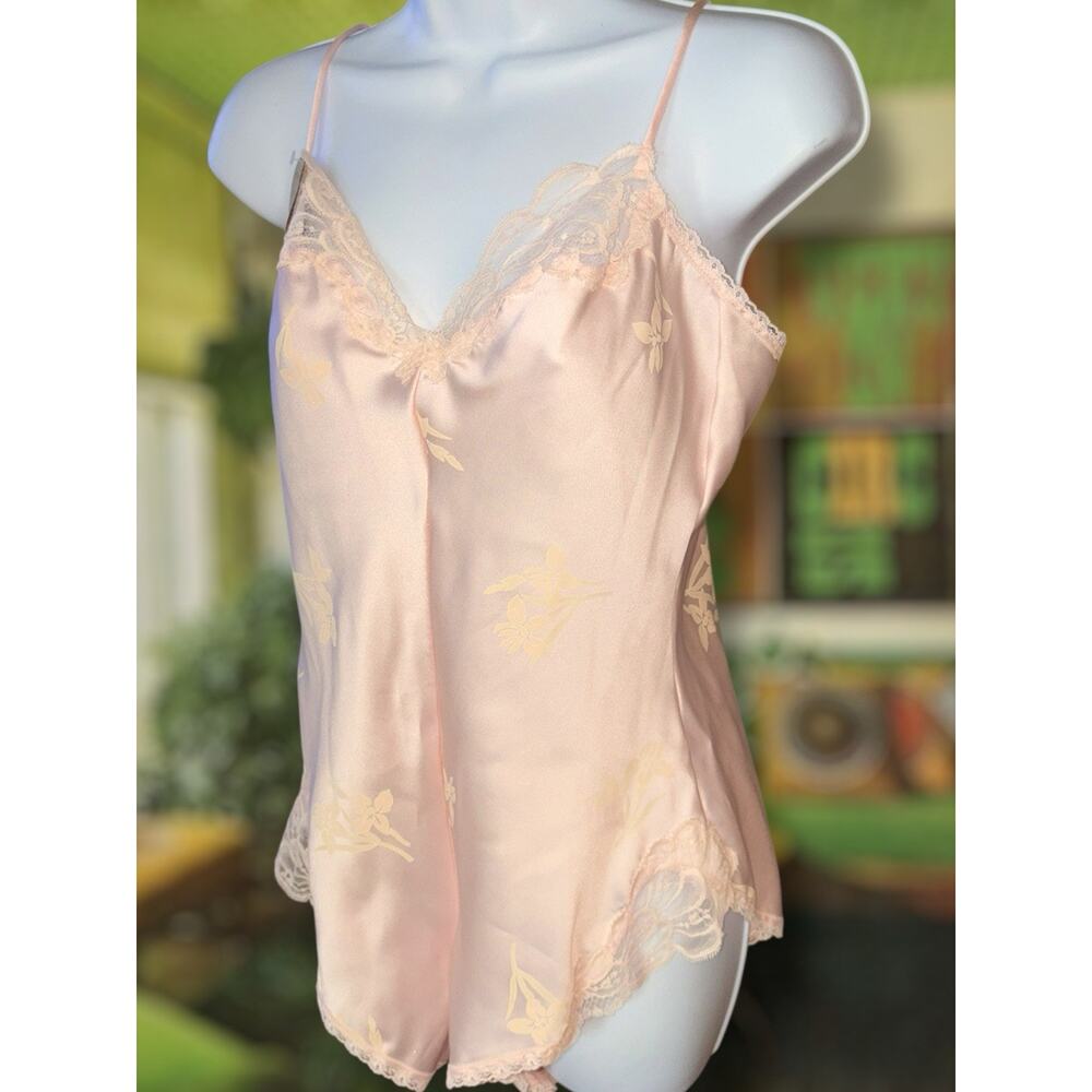 Vintage Warners Shiny Pink Satin Lace Teddy Lingerie Floral Coquette Balletcore